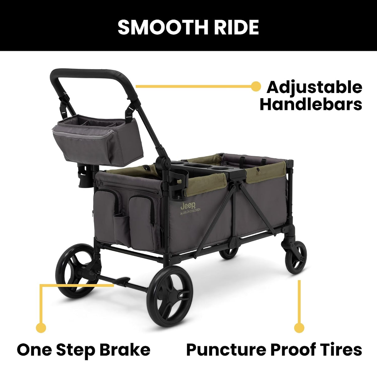 Jeep Sport All-Terrain Stroller Wagon by Delta Children - Includes Canopy, Parent Organizer, Adjustable Handlebar, Snack Tray & Cup Holders, Grey/Olive Green